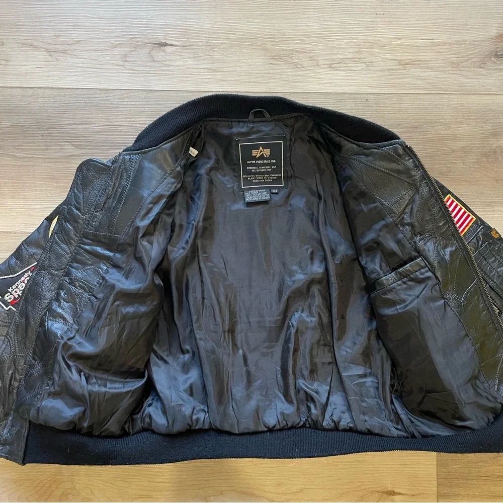 NASA Alpha Industries Black Leather Bomber Jacket. Size YM
